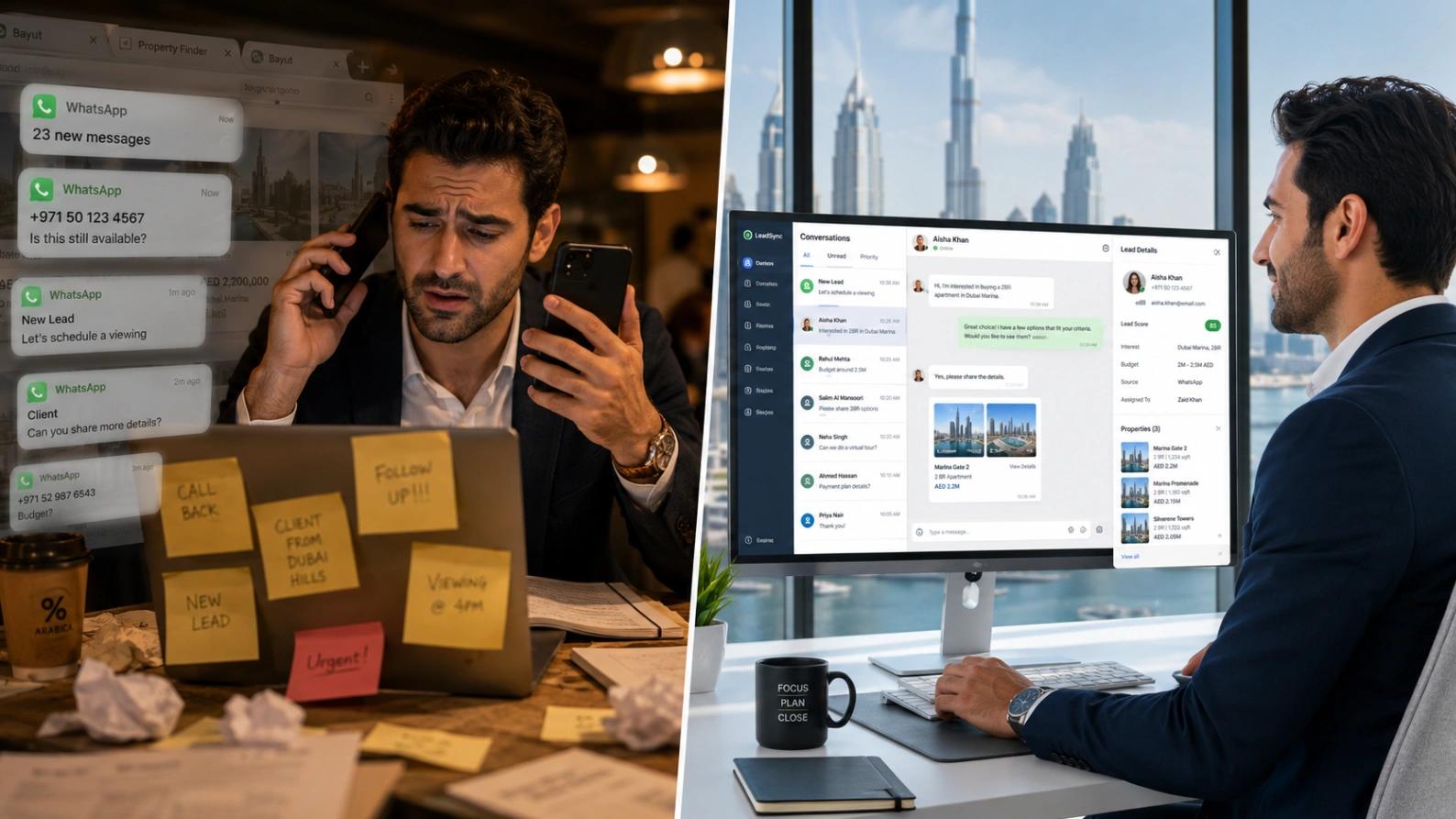 Stressed Dubai real estate agent juggling WhatsApp messages on two phones versus organized broker using Ruby CRM dashboard