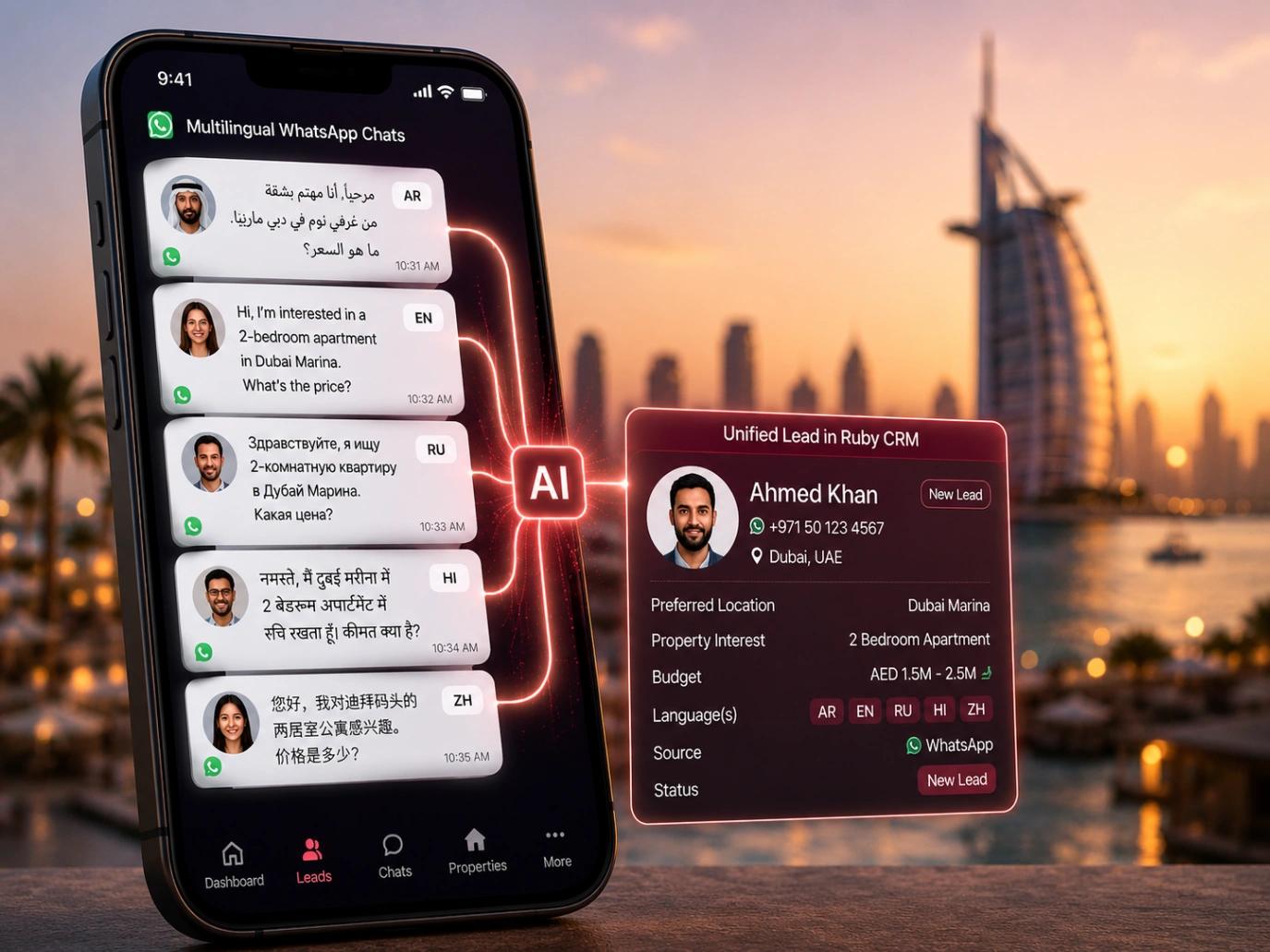 A visual demonstration of how Ruby CRM handles the multilingual reality of Dubai's real estate market. The smartphone displays five incoming WhatsApp inquiries from buyers writing in Arabic, English, Russian, Hindi, and Chinese — all asking about 2-bedroom apartments in Dubai Marina. Through AI-powered language detection and translation, these conversations flow into a single unified lead profile for Ahmed Khan inside Ruby CRM, capturing preferred location (Dubai Marina), property interest (2 Bedroom Apartment), budget (AED 1.5M–2.5M), detected languages, and source (WhatsApp). The image illustrates how UAE brokerages can serve a global client base without requiring multilingual agents, eliminating communication friction and ensuring no inquiry is lost in translation.